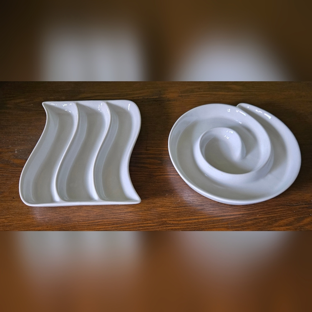 White Ceramic Divided Appetizer and Spiral Dip Trays